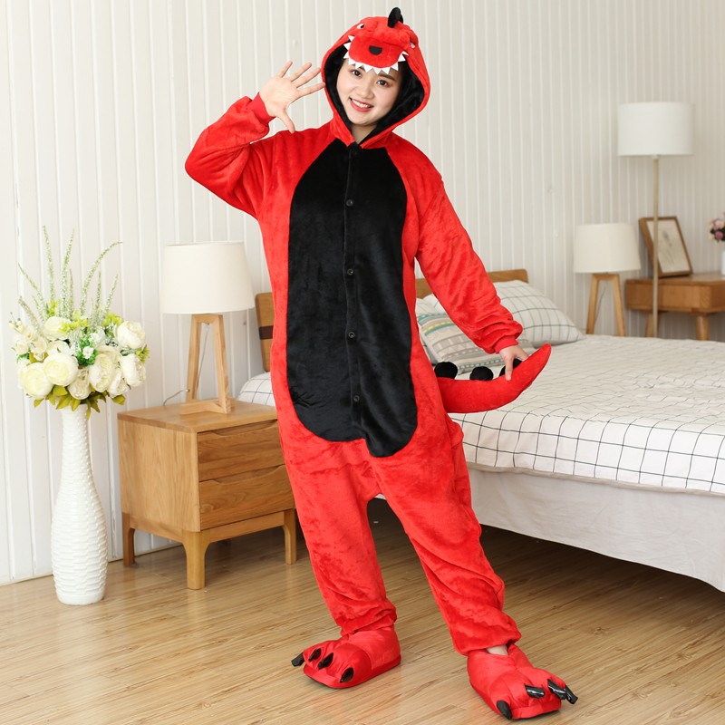 Red Dinosaur Onesie Costume Animal Pajama For Adult Te