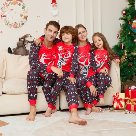 Long Sleeve Christmas Pajamas Elk Head Pattern Matching Family Xmas Jammies