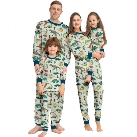 Christmas Pajamas Dino Pattern Xmas Jammies Round Neck Sleepwear