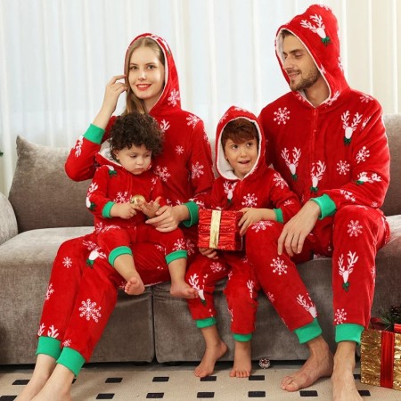 Christmas Onesies For Family Reindeer Prints Hooded Pajamas Zipper Jumpsuit